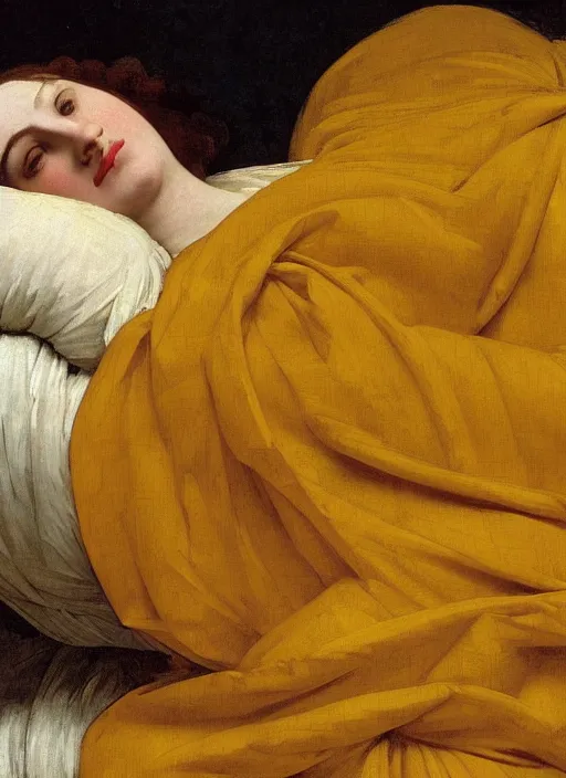 Prompt: masterpiece portrait of lady reclining on bed wearing yellow ochre ornate medieval dress, vertical, foreshortening, colour photography by frederic leighton, william morris, 8 k