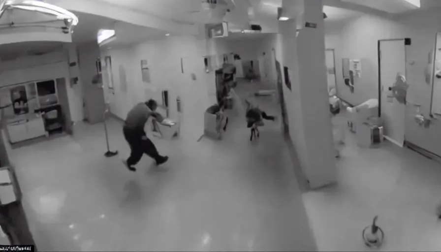 Prompt: a man being hospitalized by robots, by mini dv camera, very very low quality, heavy grain, very blurry, accidental flash, webcam footage, found footage, security cam, caught on trail cam