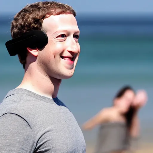 Image similar to mark zuckerberg wearing a vr headset on the beach