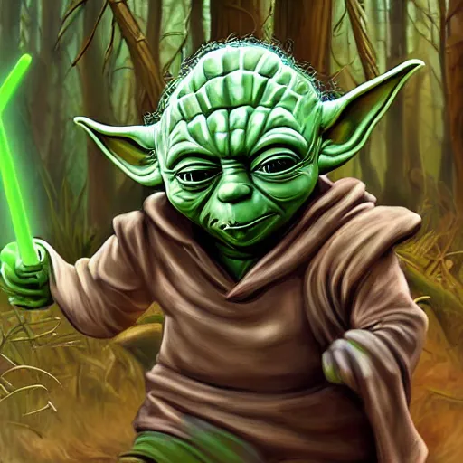 Image similar to yoda terminator, graffiti city covered in vegetation, highly detailed, smooth color composition, digital art masterpiece