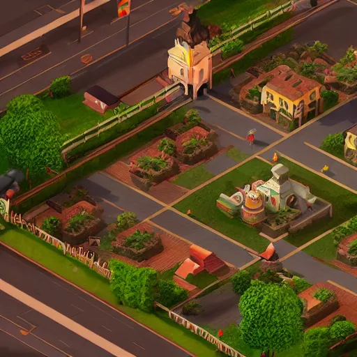 Prompt: Isometric game, 4k, dramatic lighting, ghibli style, unreal engine, town square