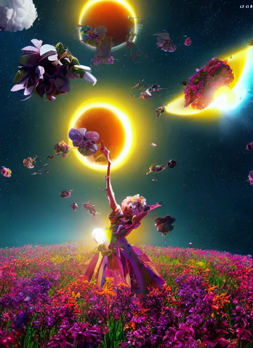 Image similar to An epic fantastic realism comic book style painting of the most beautiful flowers launched into space, bouquets, solar eclipse, fisheye, unreal 5, DAZ, hyperrealistic, octane render, dynamic lighting