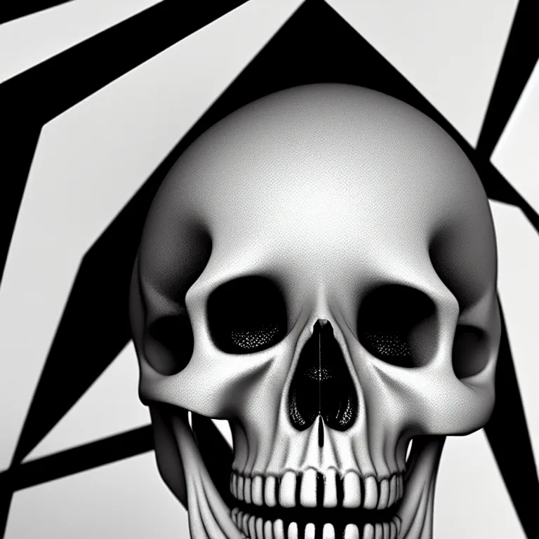 Image similar to black and white light 3D geometry, skull, matte bright highly detailed, poetic, 3D render, digital art, octane render, 8K artistic photography, photo-realistic, by Dora Maar