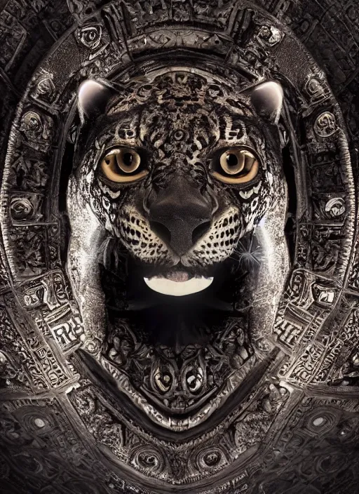 Image similar to powerful ancient jaguar warrrior standing in the ancient temple at night, symmetrical face, big eyes and lips, looking down, subtle makeup, clean face and body skin,ecstatic expression,volumetric lights,depth of field, lens flares, dust in the air, moody lighting, intricate, elegant, highly detailed, centered, smooth, sharp focus, Donato Giancola, Joseph Christian Leyendecker, WLOP, Boris Vallejo, Artgerm moody photography, old photo, black and white, sepia, cinematic lighting, cinematic angle, national geographic