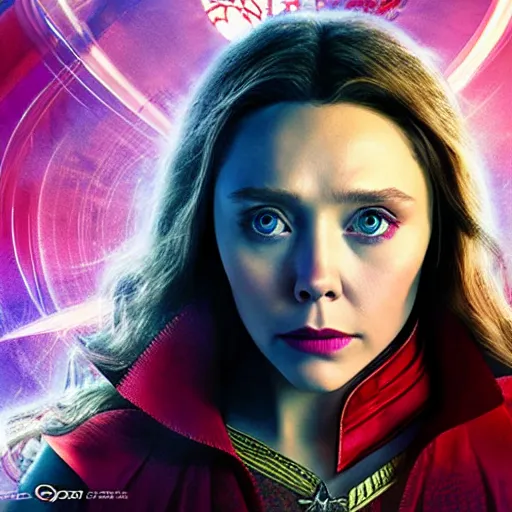 Image similar to A portrait of elizabeth olsen as scarlet witch from the movie doctor strange 2, cinematic, digital art, amazing detail