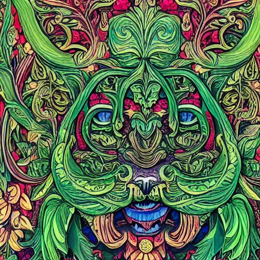 Image similar to beautiful colourful highly detailed incredibly ornate decorative green man as a cat face 3 d sculplture by walter crane and william morris and kilian eng, closeup, twisting leaves, tiny fine flowing lines, abstract psychedelic, 8 k, artstation