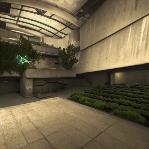 Image similar to screenshot of a first person shooter game on unreal engine 5, in a liminal underground garden, photorealistic, retrofuturism, brutalism, staggered terraces, minimalist, soft vintage glow