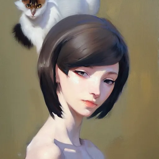 Image similar to greg manchess portrait painting of white pale skinny young girl 1 8 with long black hime haircut as overwatch character, and two cats beside, medium shot, asymmetrical, profile picture, organic painting, sunny day, matte painting, bold shapes, hard edges, street art, trending on artstation, by huang guangjian and gil elvgren and sachin teng