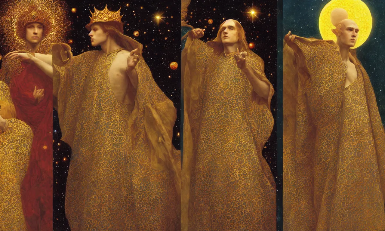 Image similar to sun king and moon prince in the cosmic court of mystical astronomy, art by james c. christensen and thomas cooper gotch