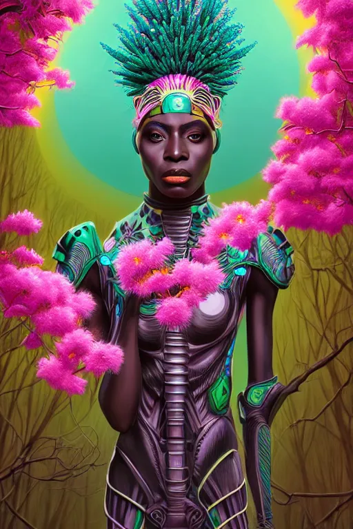 Prompt: illustration neo - victorian cinematic super expressive! yoruba goddess with exoskeleton armor, merging with tree in a forest, pink yellow flowers, highly detailed digital art masterpiece, smooth etienne sandorfi eric zener dramatic pearlescent soft teal light, ground angle hd 8 k, sharp focus