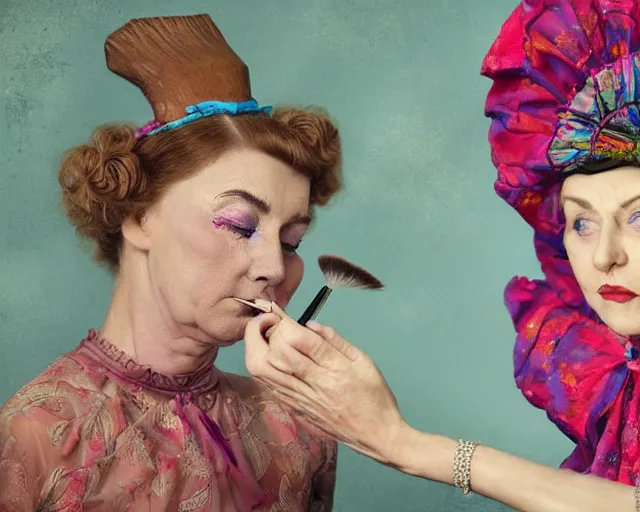 Image similar to an innocent and beautiful scene in hyper realistic style, about an old and lonely woman applying makeup in front of the camera, and modeling a victorian dress. a huge and colorful fish sits on her head.