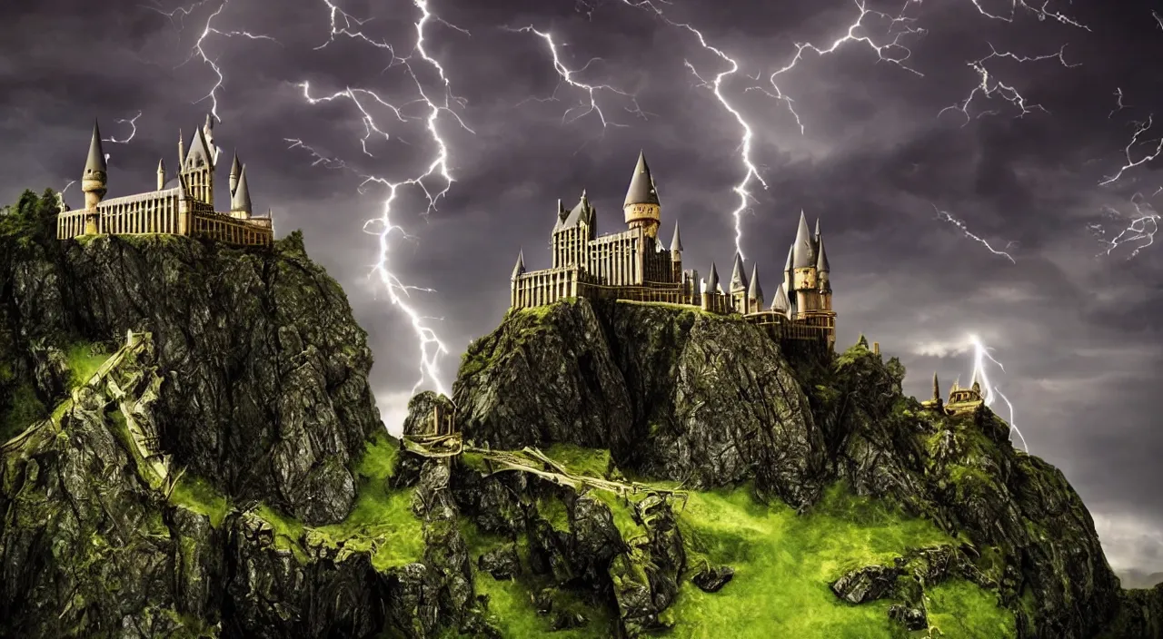 Prompt: slytherin harry potter flying with his wand forward. hogwarts castle and lightning strikes in the background. bad weather