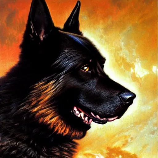 Prompt: a portrait of black german shepherd beast - man, star trek the next generation. highly detailed painting by gaston bussiere, craig mullins, j. c. leyendecker