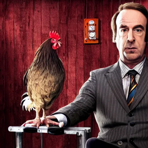 Image similar to saul goodman and a rooster in a saw movie torture chamber, saw movie jigsaw background, saul goodman, rooster, photo