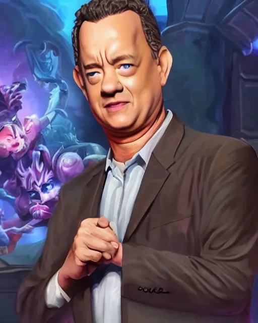 Prompt: tom hanks as a character in the game league of legends, with a background based on the game league of legends, detailed face