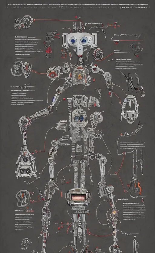 Image similar to anatomy of the terminator, robot, cyborg, t100, bloodborne diagrams, mystical, intricate ornamental tower floral flourishes, rule of thirds, technology meets fantasy, map, infographic, concept art, art station, style of wes anderson