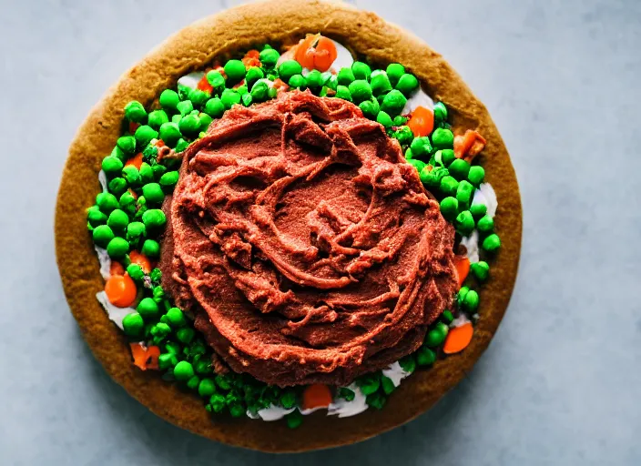 Image similar to dslr food photograph of a birthday cake iced with mashed potatoes and topped with ground beef carrots and peas, 8 5 mm f 1. 8