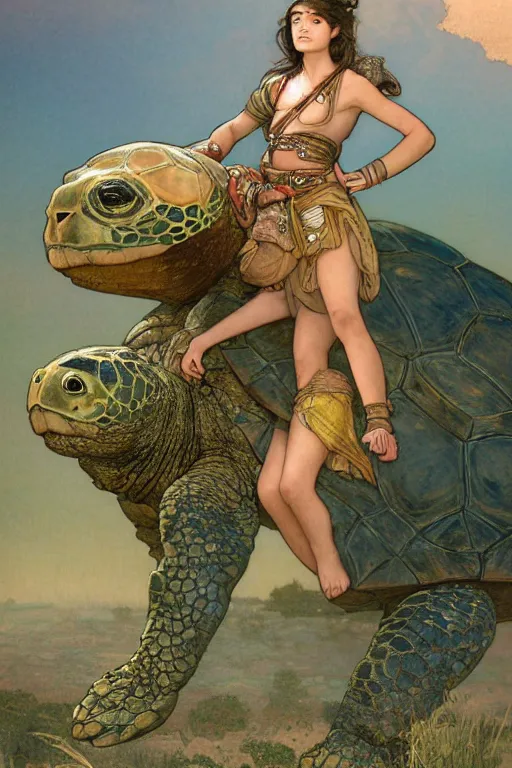 Image similar to a little warrior girl sitting on top of a giant turtle that is walking in the desert, seen from a distance. the girl is fully visible and has dark skin and beautiful green eyes, realistic full body and a very beautiful detailed face with long black hair. diffuse light, dramatic sky and landscape, fantasy illustration by mucha