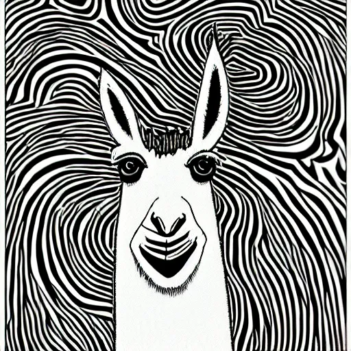 Image similar to black and white trippy comic art of a llama, lots of particles, drawn by Martin Rowson, Tim Burton, Studio Ghibli, Alex Pardee, Nekro Petros Afshar, James McDermott, cgsociety, sharp edges, high constrast, 4K