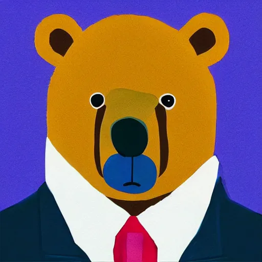 Prompt: “ bear in a suit portrait. illustration. art by ryan berkley. blue background. ”