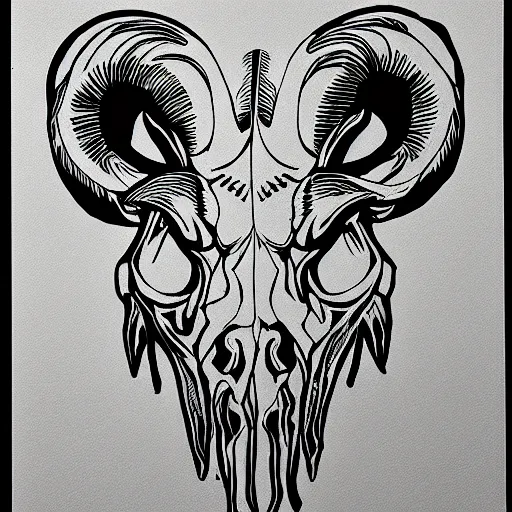 Image similar to ram skull outline, black ink on white paper