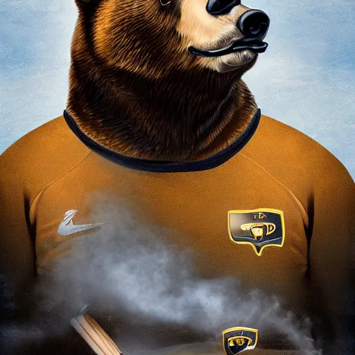 Image similar to A bear in a soccer suit smoking a cigar while drifting in a Lamborghini, digital art