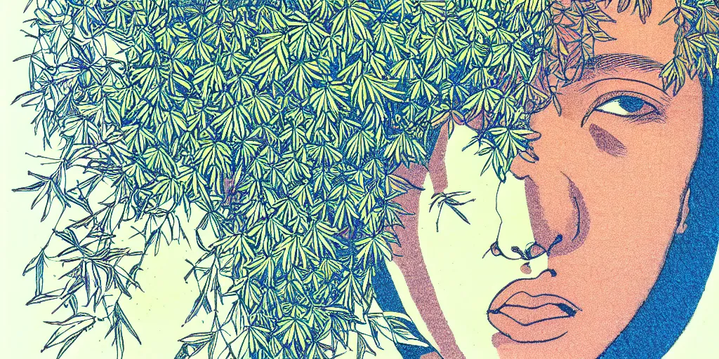 Image similar to risograph grainy drawing protagonist face, pastel colors, with huge piersing, face covered with plants and flowers, by moebius and satisho kon, close - up portrait, perfect blue, paprika