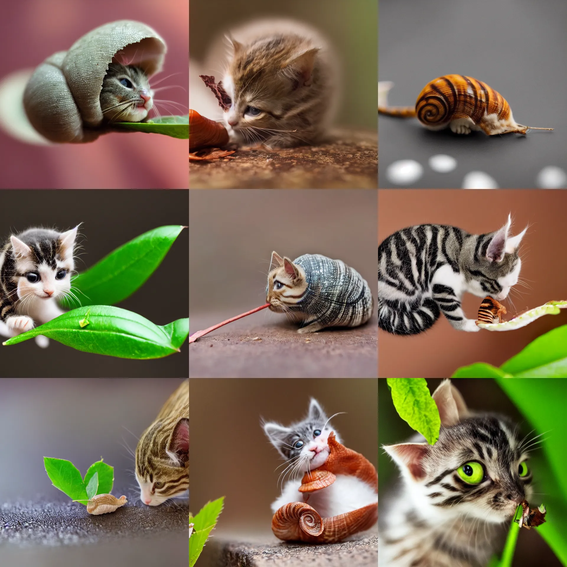 Prompt: snail - kitten eating a small leaf, close - up, vibrant, photorealistic, anamorphic lens