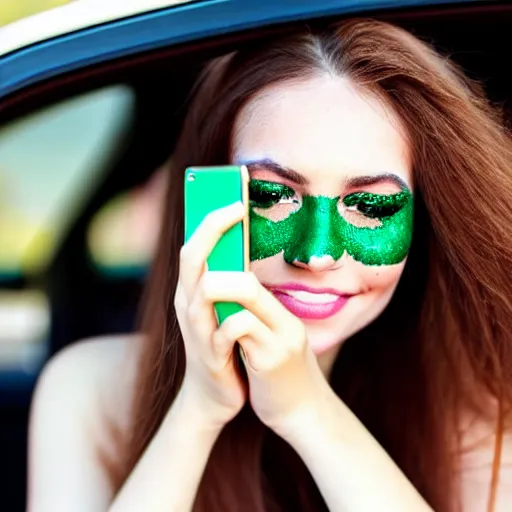 Prompt: a beautiful cute young woman with vivid emerald green eyes takes a photo of herself, sitting in her car, long bronze brown hair, flushed face, red blush, light freckles, big puffy lips, smiling softly, soft features, 8 k, sharp focus, instagram, portra 4 0 0