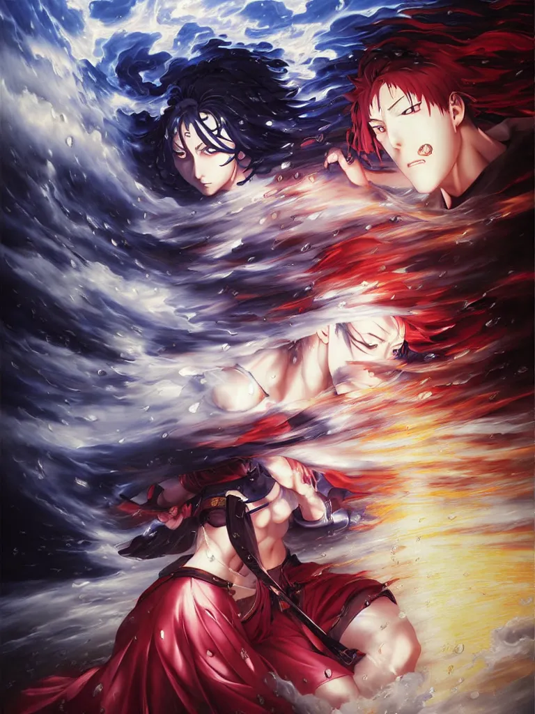 Image similar to baroque oil painting of key visual kunoichi fight, rain, painting by makoto shinkai takashi takeuchi yoshiyuki sadamoto, fate stay night, wlop and artgerm