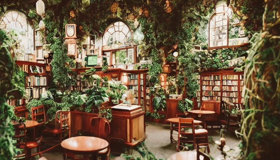 Image similar to Dreamy photo of a very very cozy bookstore cafe that is nestled into the lush PNW woods, lush plants and flowers, sleepy feeling, magical feeling, hazy, film grain, muted color palette, castles and temple details, ornaments, in the style of Gucci, photographed by Petra Collins and Wes Anderson, magic details, 8k, trending on artstation, very detailed