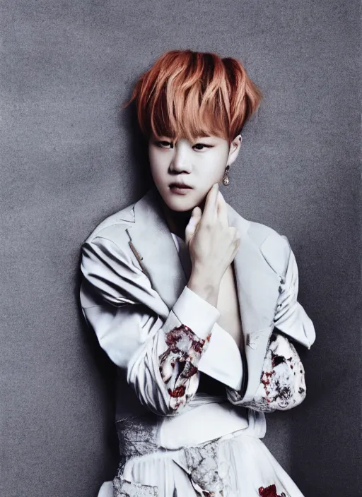 Prompt: jimin styled by nick knight posing, couture, canon, vogue magazine, highly realistic. high resolution. highly detailed. dramatic. 8 k. 4 k.