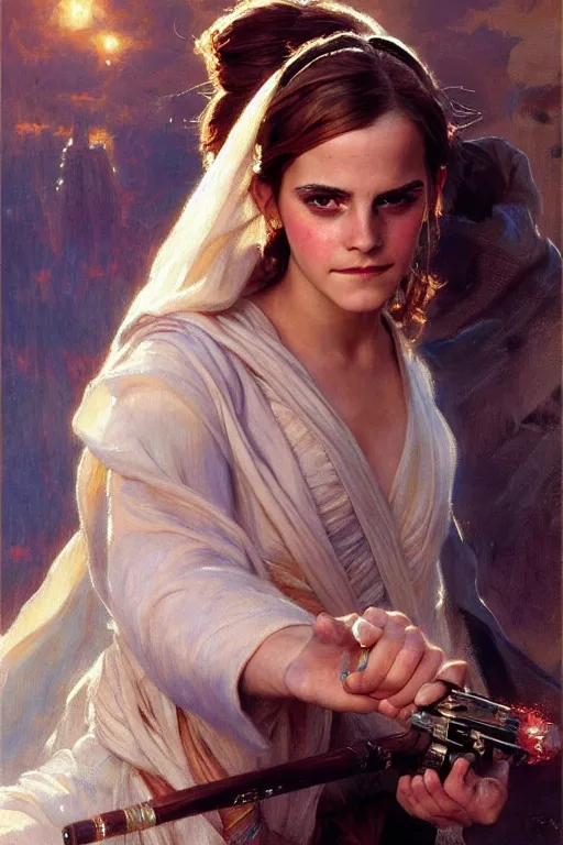 Prompt: detailed portrait of a beautiful emma watson dressed as jedi, painting by gaston bussiere, craig mullins, j. c. leyendecker