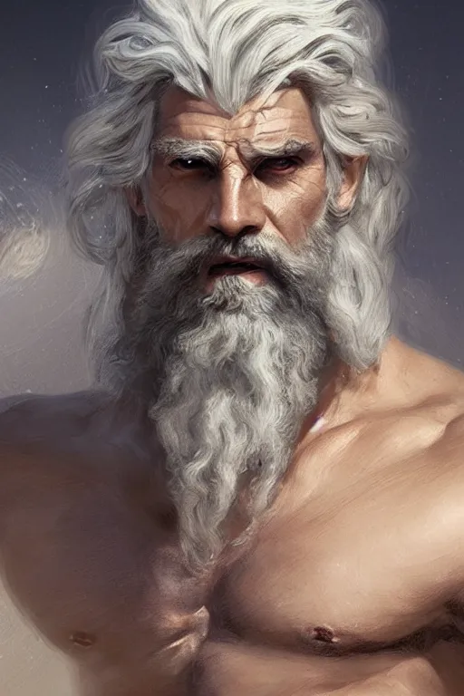 Image similar to painted portrait of rugged zeus, god of thunder, greek god, white hair, masculine, mature, handsome, upper body, muscular, hairy torso, fantasy, intricate, elegant, highly detailed, digital painting, artstation, concept art, smooth, sharp focus, illustration, art by gaston bussiere and greg rutkowski