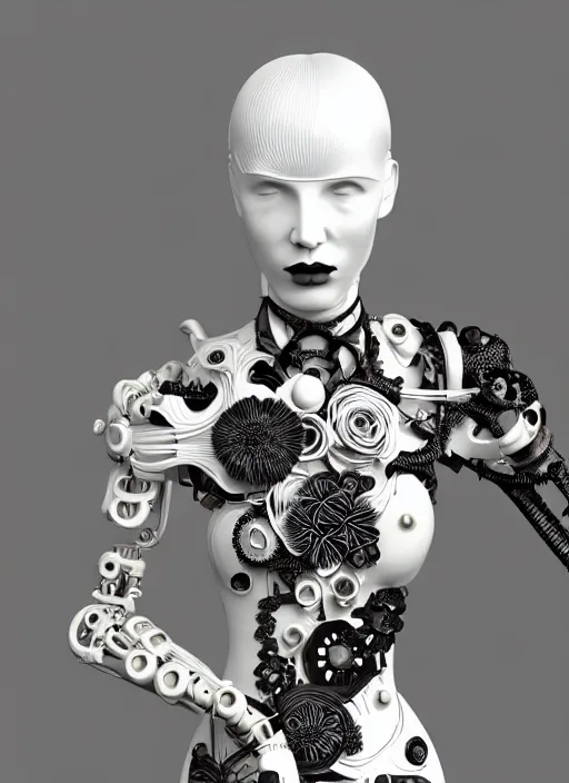 Prompt: black and white 3 d model, biomechanical female cyborg with porcelain profile face and a big floral eye, big leaves foliage and stems, morning glory flowers, hibiscus flowers, boho floral vines, sinuous fine roots, fine filigree foliage lace, alexander mcqueen, rim light, art nouveau fashion pearl embroidered, steampunk, redshift render, 8 k