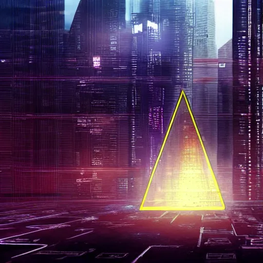 Image similar to a hyper realistic picture of a cyberpunk pyramid with multiple lights coming out of it