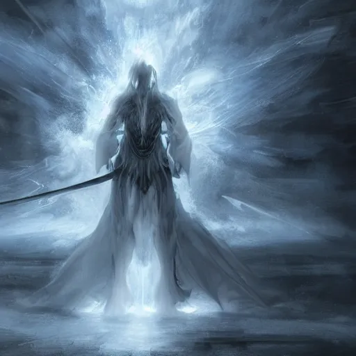 Prompt: a sketch of a humanoid glowing eyes white dragon, wearing a white wizard robe, by melmoth zdzislaw belsinki craig mullins yoji shinkawa, blue light, very realistic render, anime, paint smears digital art, realistic anime, dramatic lighting, blue light, dark blue highlights, d & d design, holding a sword made out of light