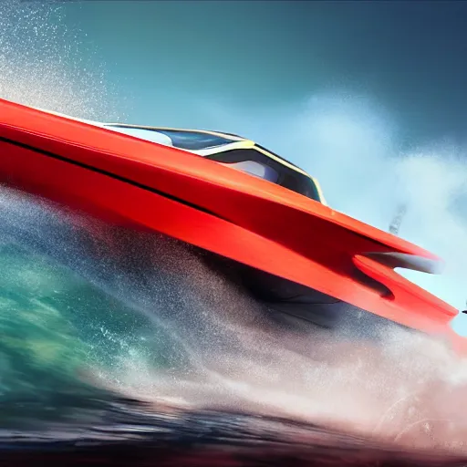 Image similar to concpet art featuring a futuristic red racing speedboat designed in the style of ferrari racing under the golden gate bridge. fine detail. surf. this 4 k hd image is trending on artstation, featured on behance, well - rendered, extra crisp, features intricate detail, epic composition and the style of unreal engine.