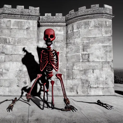 Image similar to monumental, weary 3 d render by nathan wirth. a beautiful street art of a horned, red - eyed, skeleton - like creature, with a long black cape, & a staff with a snake wrapped around it, standing in front of a castle atop a cliff.