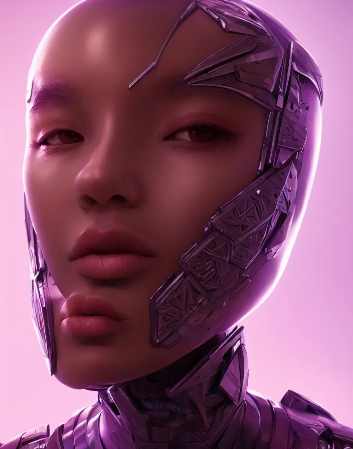 Image similar to beautiful portrait of friendly attractive alien cyborg, style of Feng Zhu, Artstation geometric, aesthetic, smooth skin, unique features, symmetrical, intricate crown, high fashion, streetwear, cyberpunk, detailed, octane render, cinematic, 8k, purple skin, brown skin