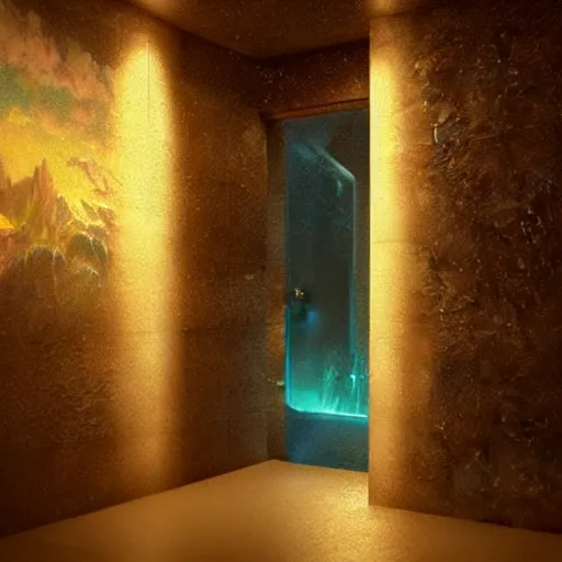 Prompt: Glass elevator to Heaven, unreal engine in the style of Romanticism, trending on Artstation, glowing neon vray, volumetric lighting, deviant art, Thomas Kinkade The doorway to Hell, Greg Rutkowski, Unreal engine in the style of Romanticism, Trending on Artstation, Glowing neon vray, volumetric lighting, deviant art a slow-burning cyan portal framed by eternally standing ice pillars