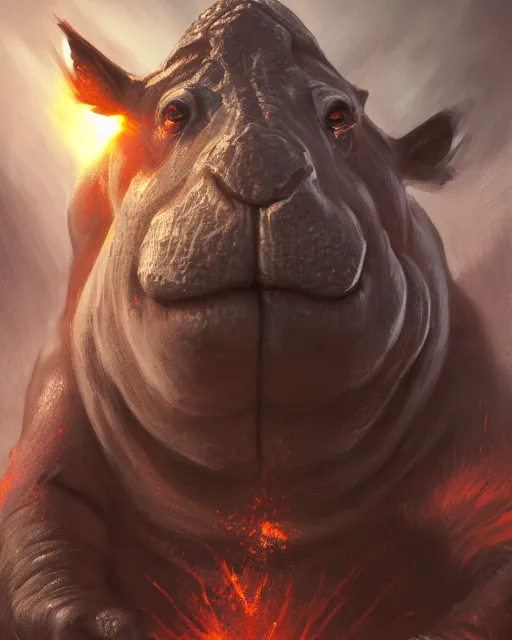 Image similar to Hippo Warrior, Khorne, magic the gathering artwork, D&D, fantasy, cinematic lighting, centered, symmetrical, highly detailed, digital painting, artstation, concept art, smooth, sharp focus, illustration, volumetric lighting, epic Composition, 8k, art by Akihiko Yoshida and Greg Rutkowski and Craig Mullins, oil painting, cgsociety