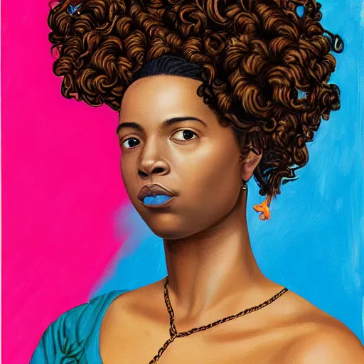 Prompt: three quarter close up portrait painting of a young latina woman with curly hair, blue background, by kehinde wiley