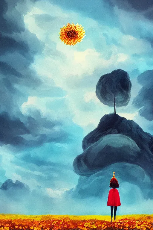 Image similar to closeup perspective, giant dahlia flower over the head, girl standing on mountain, surreal photography, blue storm clouds, dramatic light, impressionist painting, digital painting, artstation, simon stalenhag