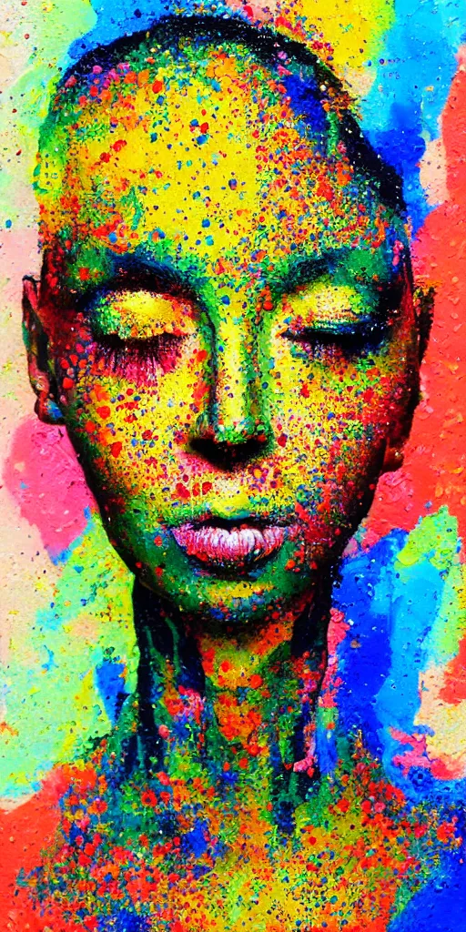 Image similar to intricate face with dots of paint melting in to a colorful painting made of gouache impasto