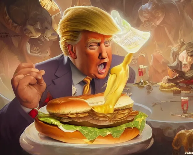 Image similar to donald trump licking a cheeseburger, deep focus, fantasy, intricate, highly detailed, digital painting, artstation, concept art, matte, sharp focus, illustration, hearthstone, art by artgerm and greg rutkowski and alphonse mucha