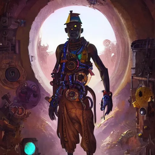 Prompt: a dogon priest activating a steampunk portal in a futuristic village by greg rutkowski and android jones, oil on canvas, synthwave