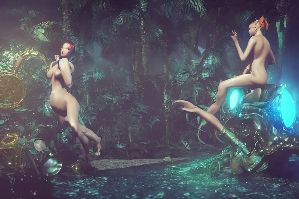 Image similar to 3 d rendering nymph, surrounded by saxophones, palm trees, giant insects, stylized fashion designer modular elite edgy chrome eye candy, volumetric light caustics smoke fog machine, blender c 4 d octane redshift unreal cryengine, by hajime soryama, boris vallejo, jeff koons