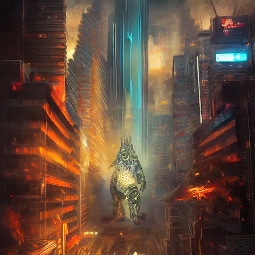 Image similar to an epic painting of minion as godzilla, destroying cyberpunk megapolis, oil on canvas, perfect composition, golden ratio, beautiful detailed, photorealistic, digital painting, concept art, smooth, sharp focus, illustration, fantasy background, artstation trending, octane render, unreal engine