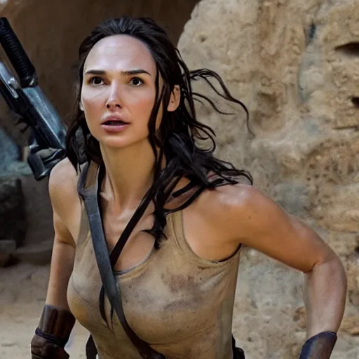 Image similar to a still from a film of Gal Gadot as Lara Croft in a beautiful ancient peruvian town, mid shot, highly detailed face